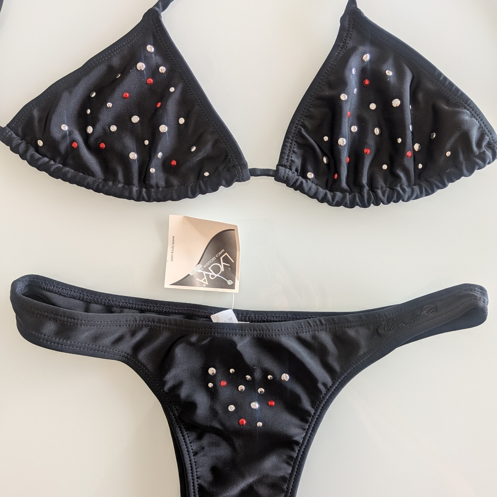 Black Embellished Triangle Bikini Set with Red & White Accents